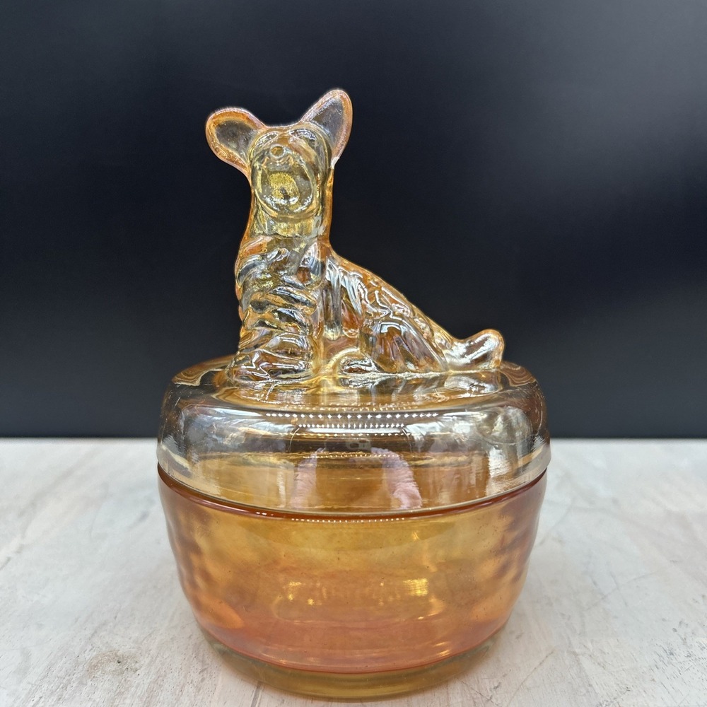 Vintage MCM Jeannette Glass Marigold Iridescent Carnival Scottie Dog Powder Jar
